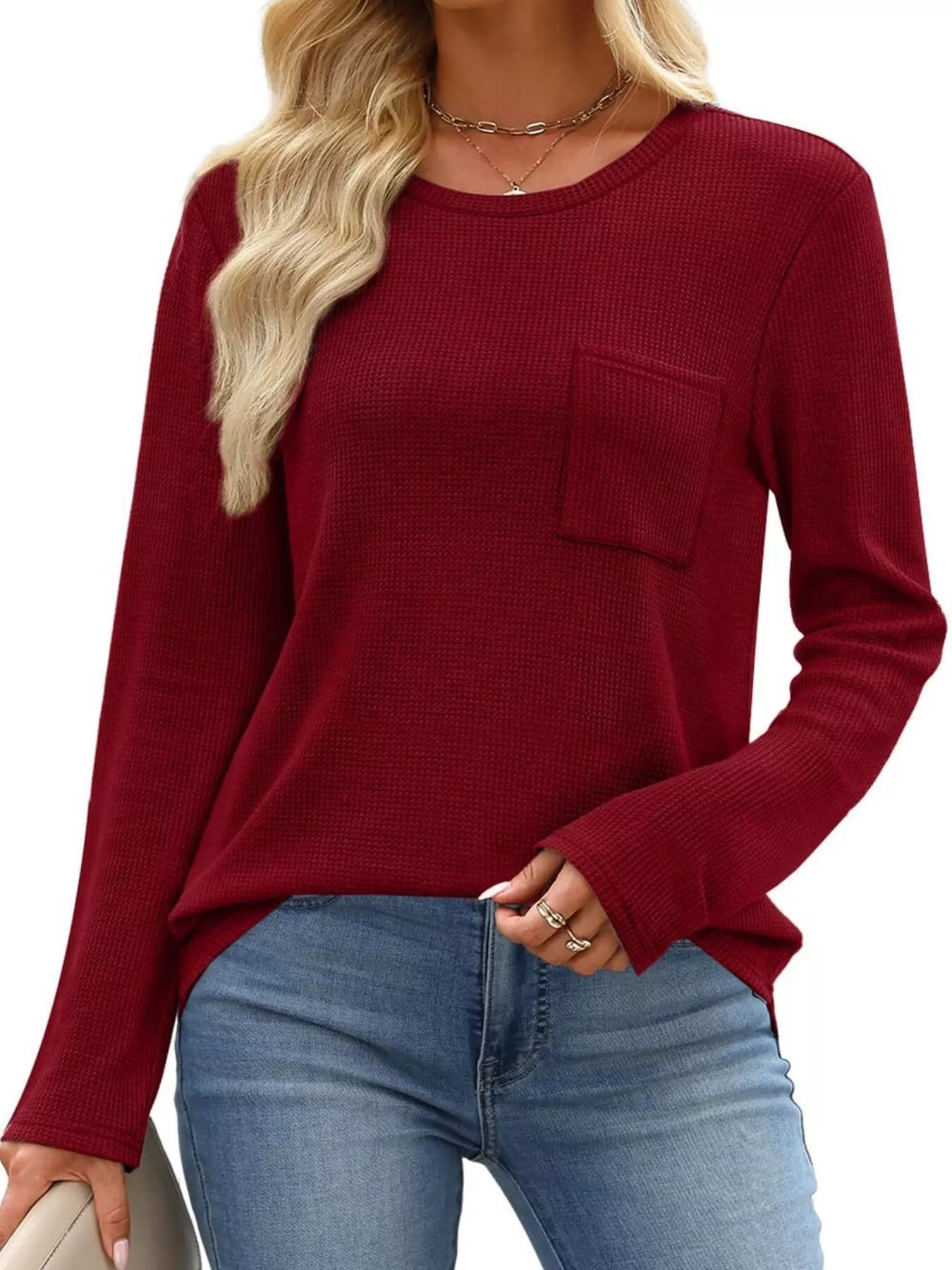 Waffle Knit Long Sleeve Pocket T-Shirt - Tigbul's Variety Fashion Shop