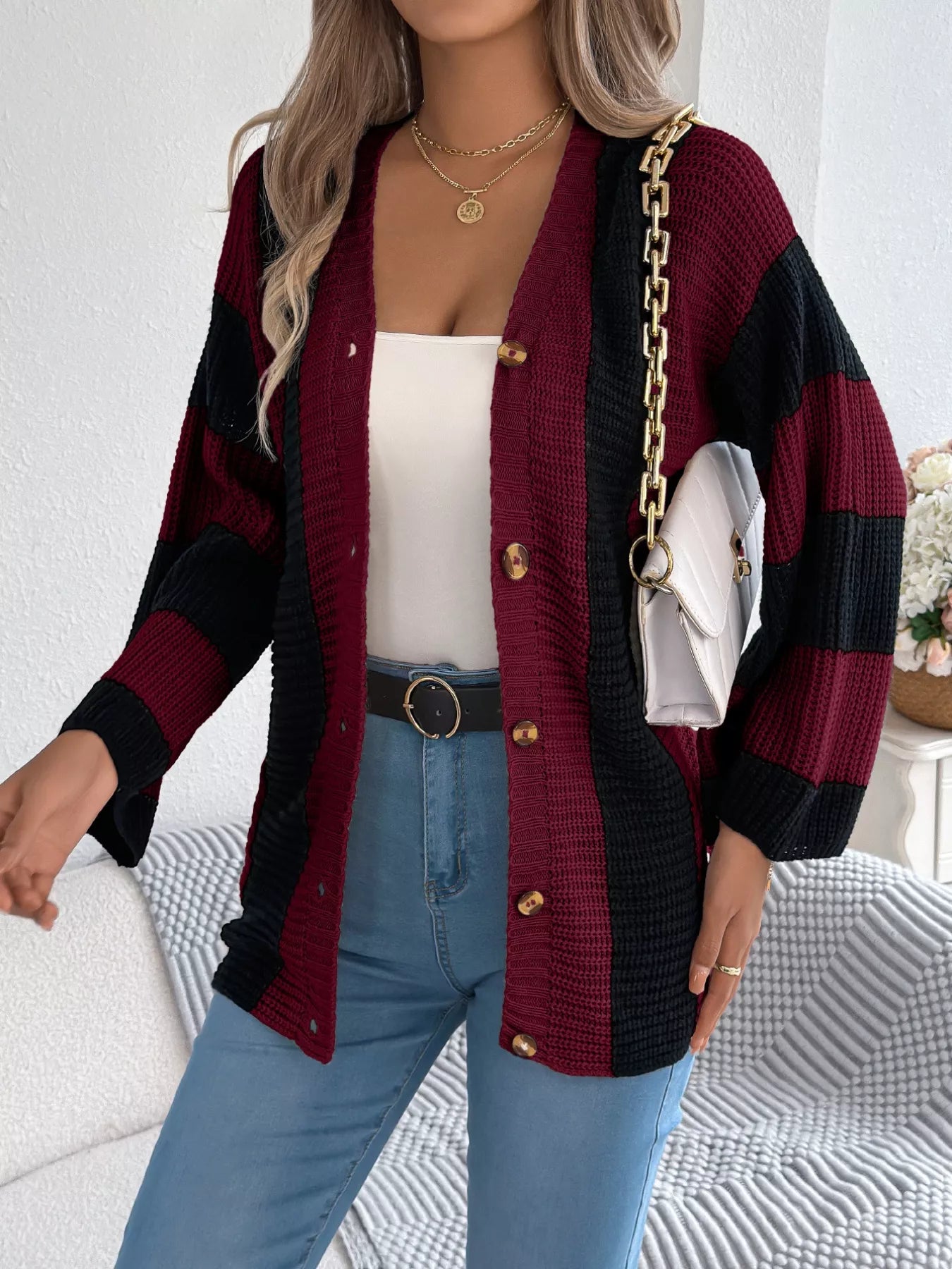 Color Block Button-Up Cardigan - Tigbul's Variety Fashion Shop