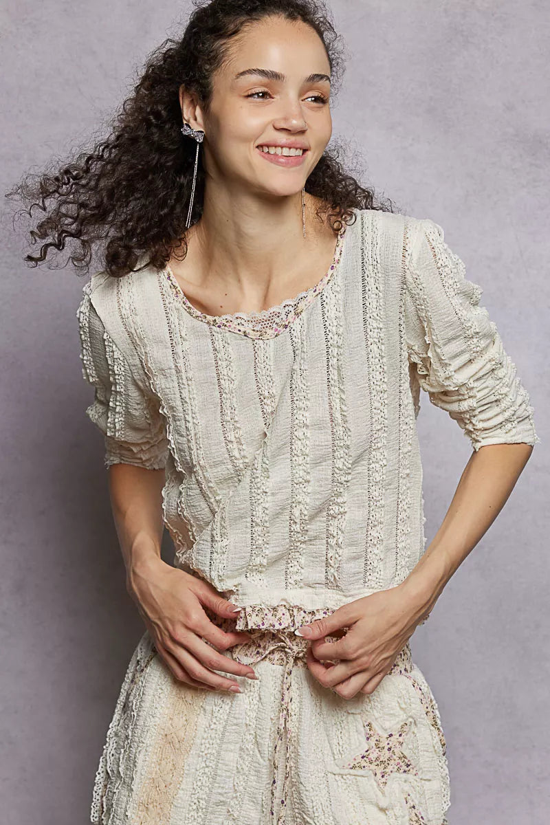 POL Texture Long Sleeve Blouse with Floral Ruffled - Tigbul's Variety Fashion Shop