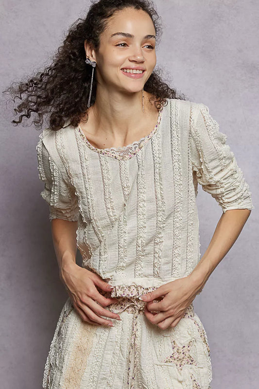POL Texture Long Sleeve Blouse with Floral Ruffled - Tigbul's Variety Fashion Shop
