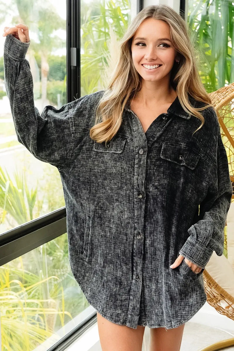 BiBi Vintage Washed Wrinkle Gauze Shacket - Tigbul's Variety Fashion Shop