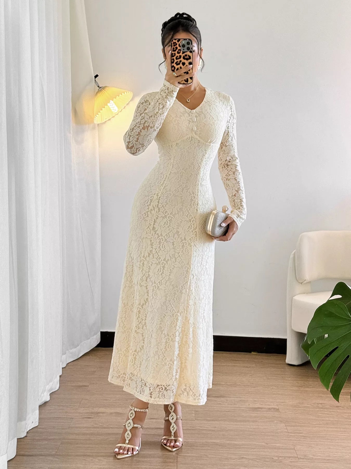 Lace V-Neck Long Sleeve Dress - Tigbul's Variety Fashion Shop