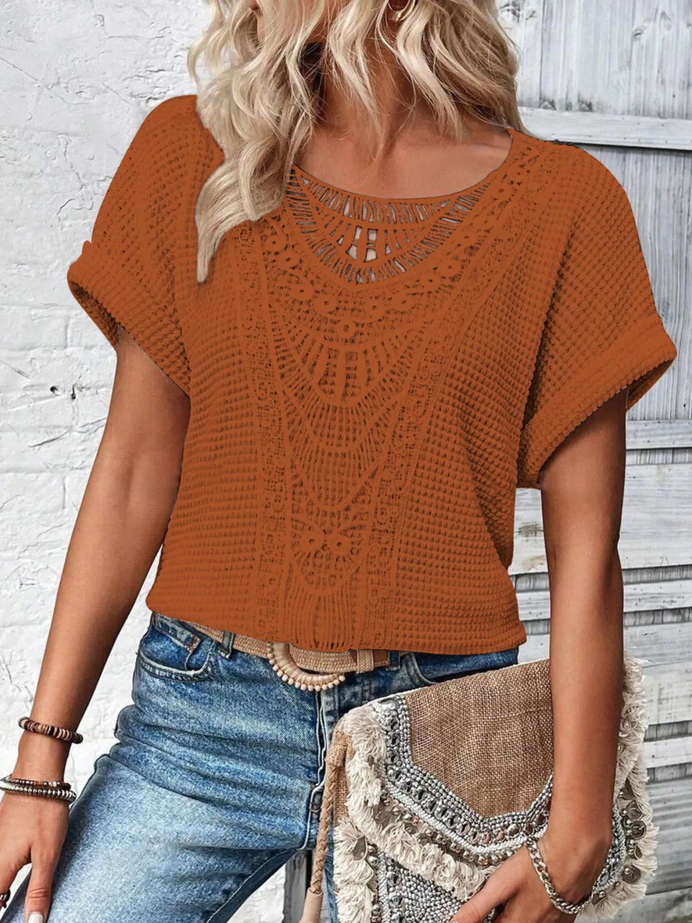 Crochet Lace Short Sleeve Casual T-Shirt - Tigbul's Variety Fashion Shop