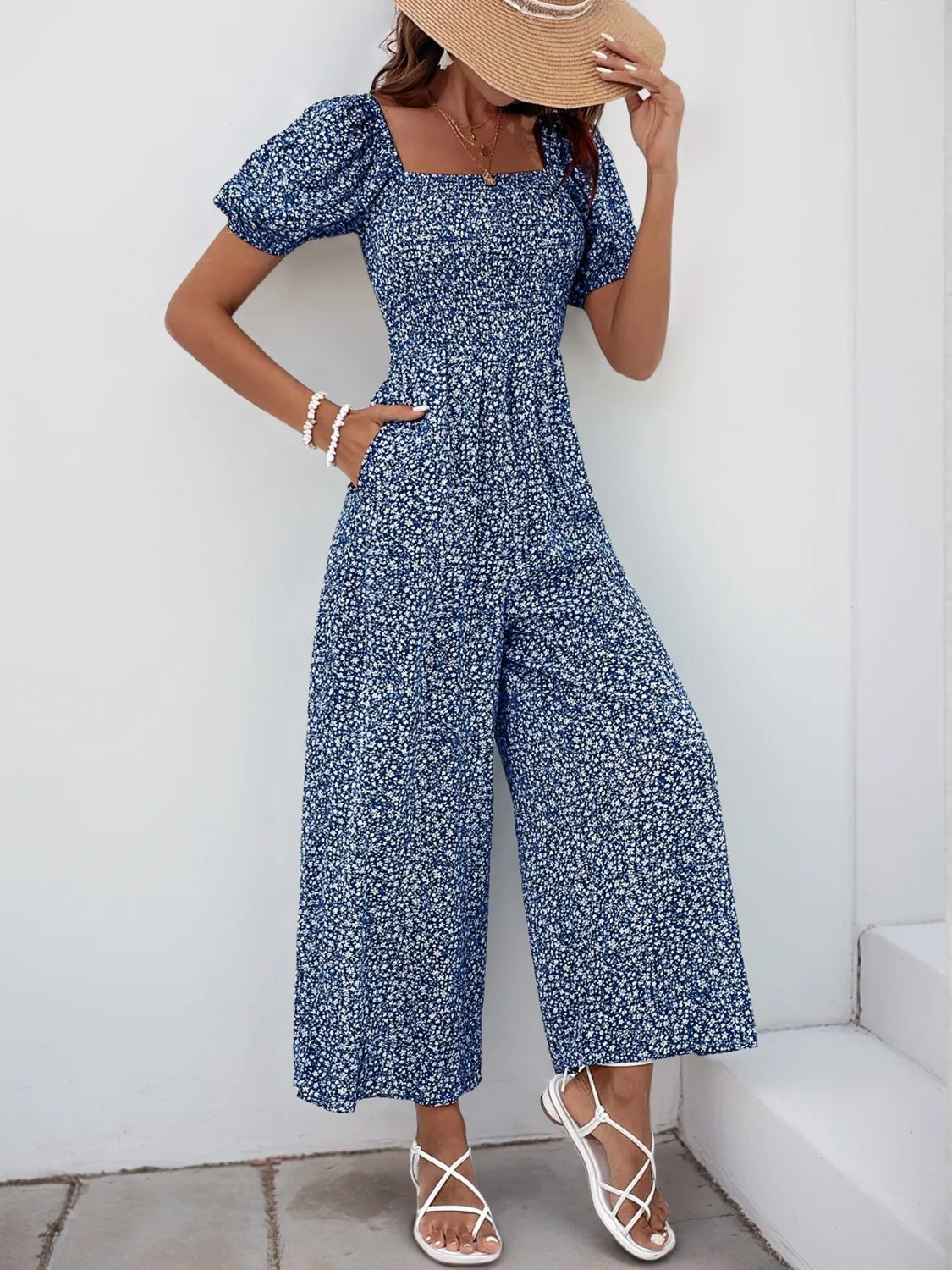 Printed Square Neck Puff Sleeve Jumpsuit - Tigbul's Variety Fashion Shop