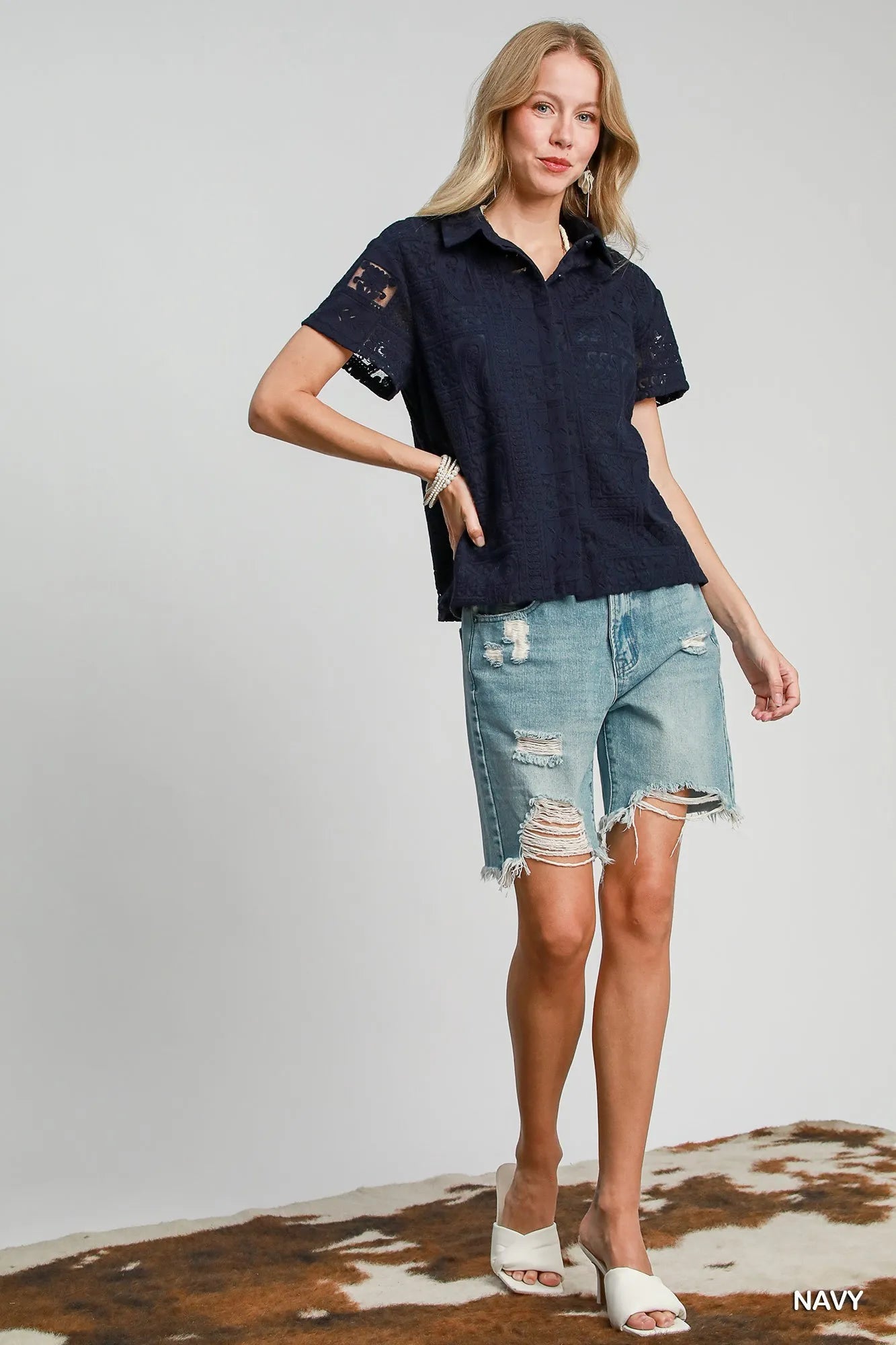 Umgee Patch Lace Short Sleeve Button Down Shirt - Tigbul's Variety Fashion Shop