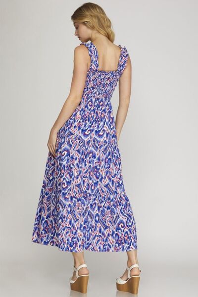 Royal Blue Smocked Printed Wide Strap Tiered Dress - Tigbul's Variety Fashion Shop