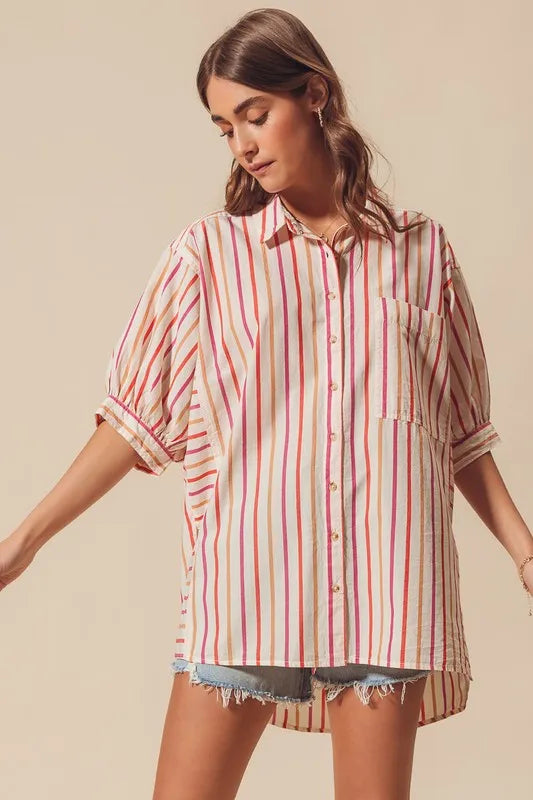 Pink Multicolored Stripe Button Down Shirt - Tigbul's Variety Fashion Shop