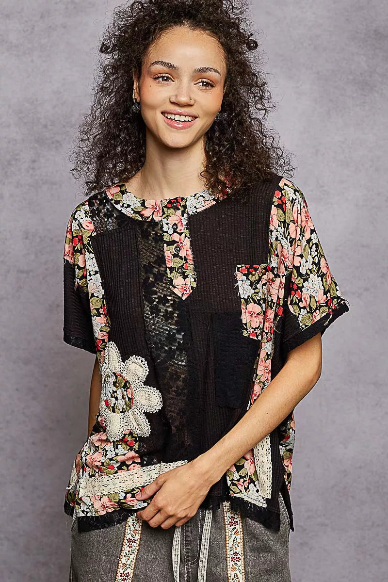 POL Lace Round Neck Short Sleeve Floral Pattern Top with Patch Detail - Tigbul's Variety Fashion Shop