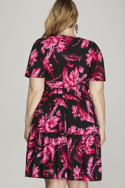 Black Printed Notched Short Sleeve Frill Tiered Dress - Tigbul's Variety Fashion Shop