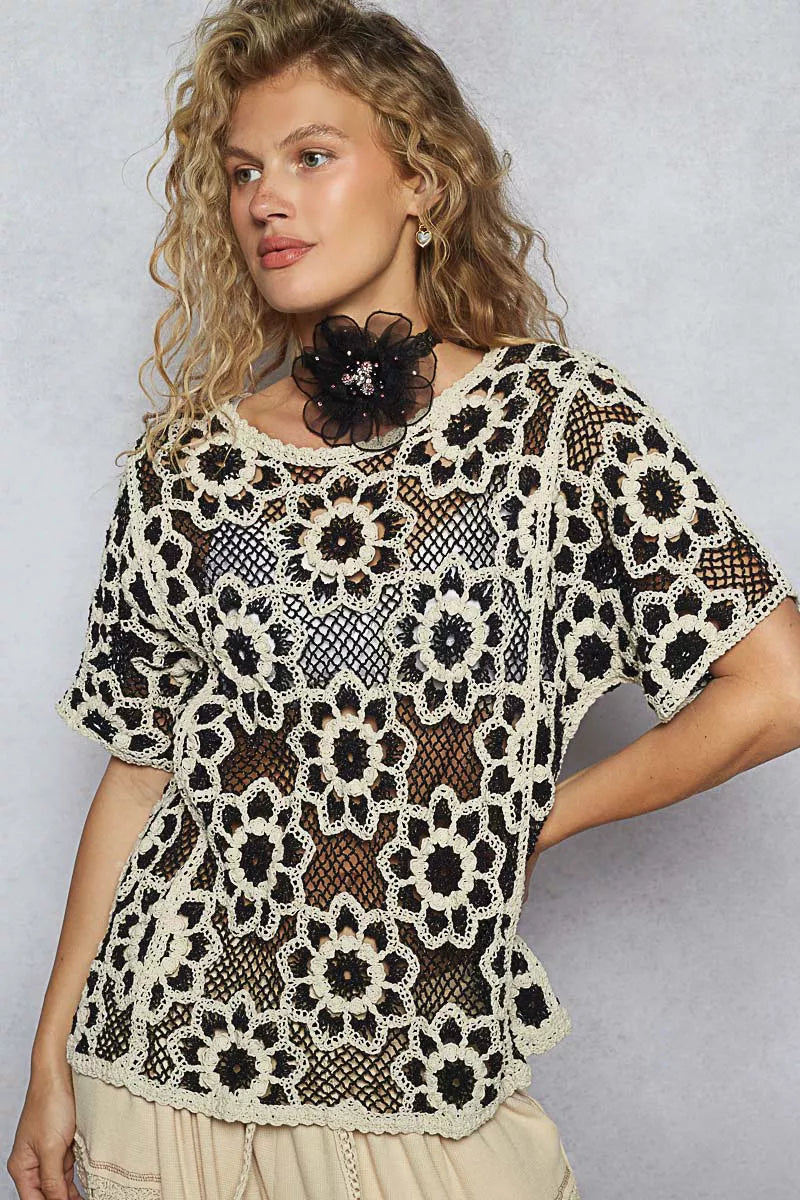 POL Openwork Short Sleeve Crochet Knit Top with Weave Knit Patterns - Tigbul's Variety Fashion Shop