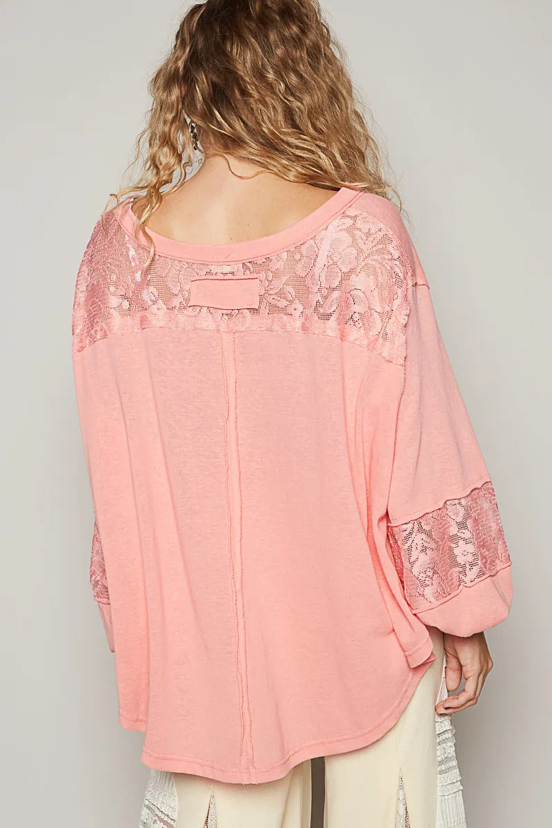 POL V-Neck Long Sleeve T-Shirt with Lace Detail - Tigbul's Variety Fashion Shop