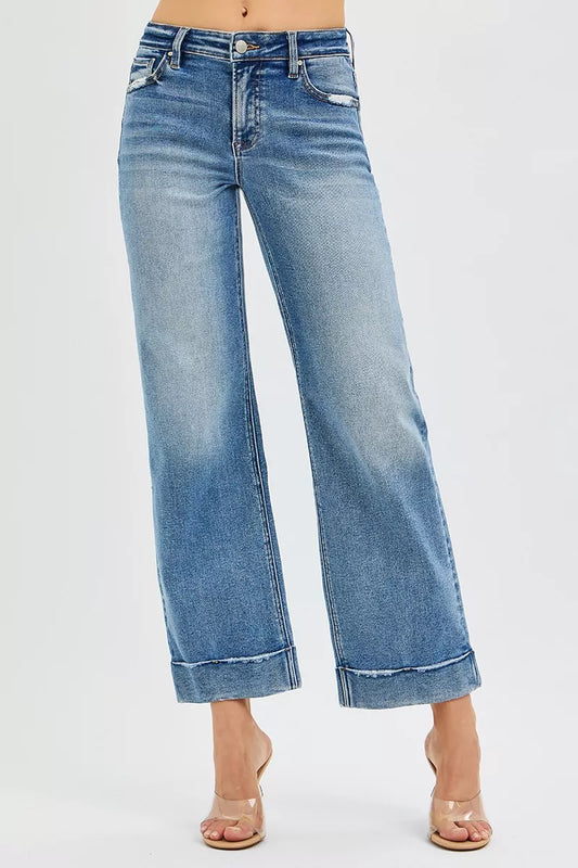 RISEN Full Size Mid Rise Crop Straight Jeans with Taylor Cuffed Plus Size - Tigbul's Variety Fashion Shop