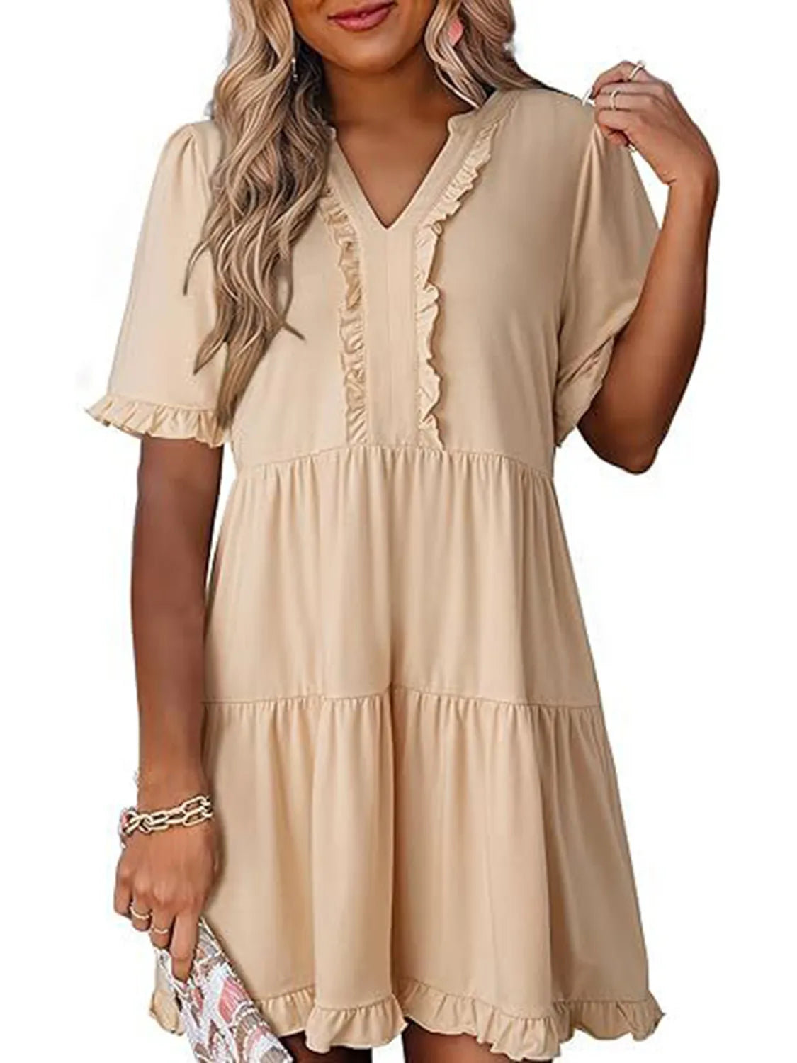 Tiered Notched Short Sleeve Mini Dress - Tigbul's Variety Fashion Shop
