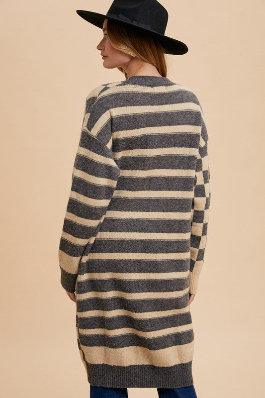 Dark Gray Checkered & Striped Open Front Long Sleeve Cardigan - Tigbul's Variety Fashion Shop
