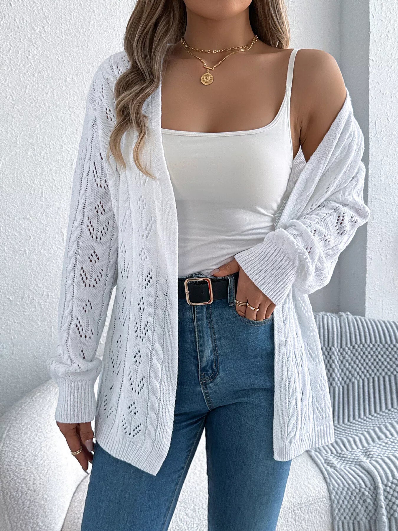 Openwork Open Front Long Sleeve Cardigan - Tigbul's Variety Fashion Shop