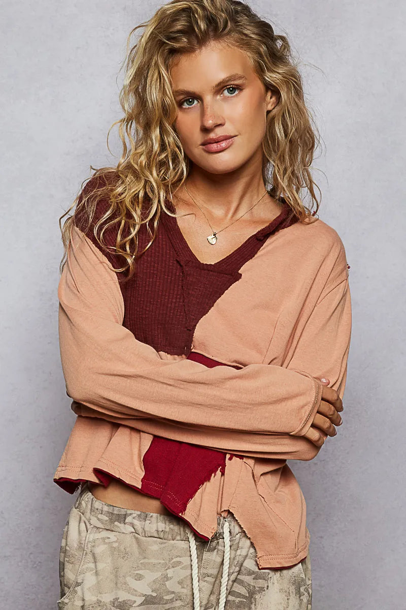 POL Color Block Notched Long Sleeve T-Shirt - Tigbul's Variety Fashion Shop