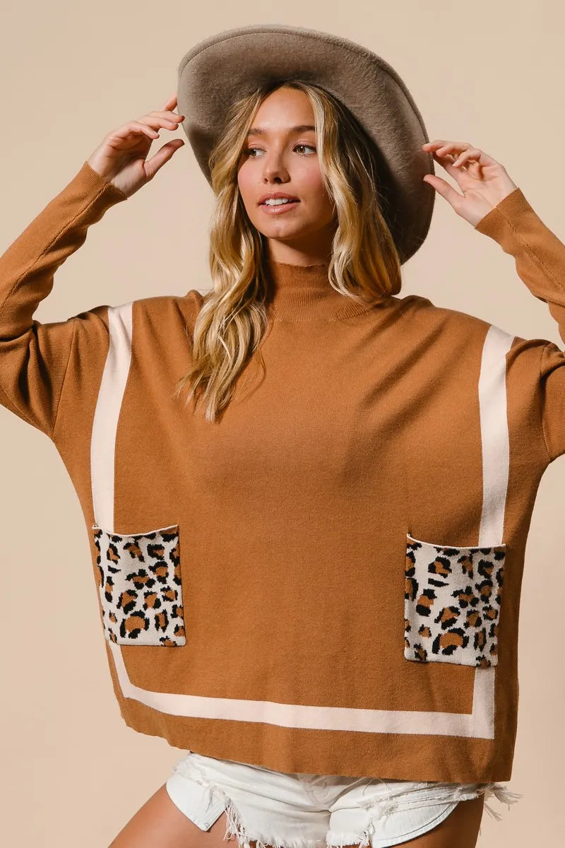 BiBi Mock Neck Sweater with Leopard Pocket - Tigbul's Variety Fashion Shop