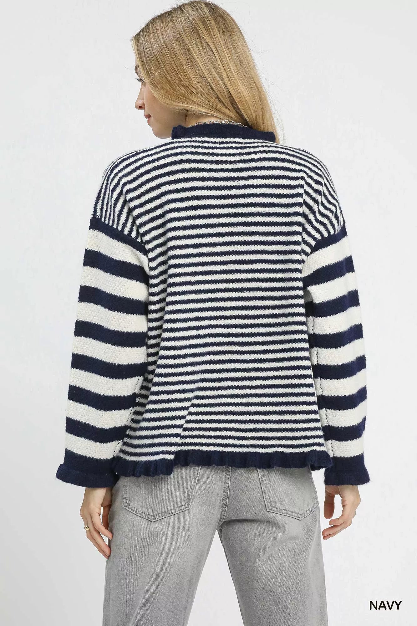 Umgee Ruffle Neck Stripe Sweater - Tigbul's Variety Fashion Shop