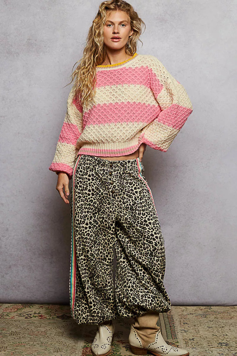 POL Contrast Striped Round Neck Sweater with Textured Cable Knit Pattern - Tigbul's Variety Fashion Shop