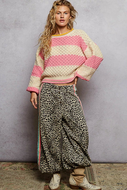 POL Contrast Striped Round Neck Sweater with Textured Cable Knit Pattern - Tigbul's Variety Fashion Shop