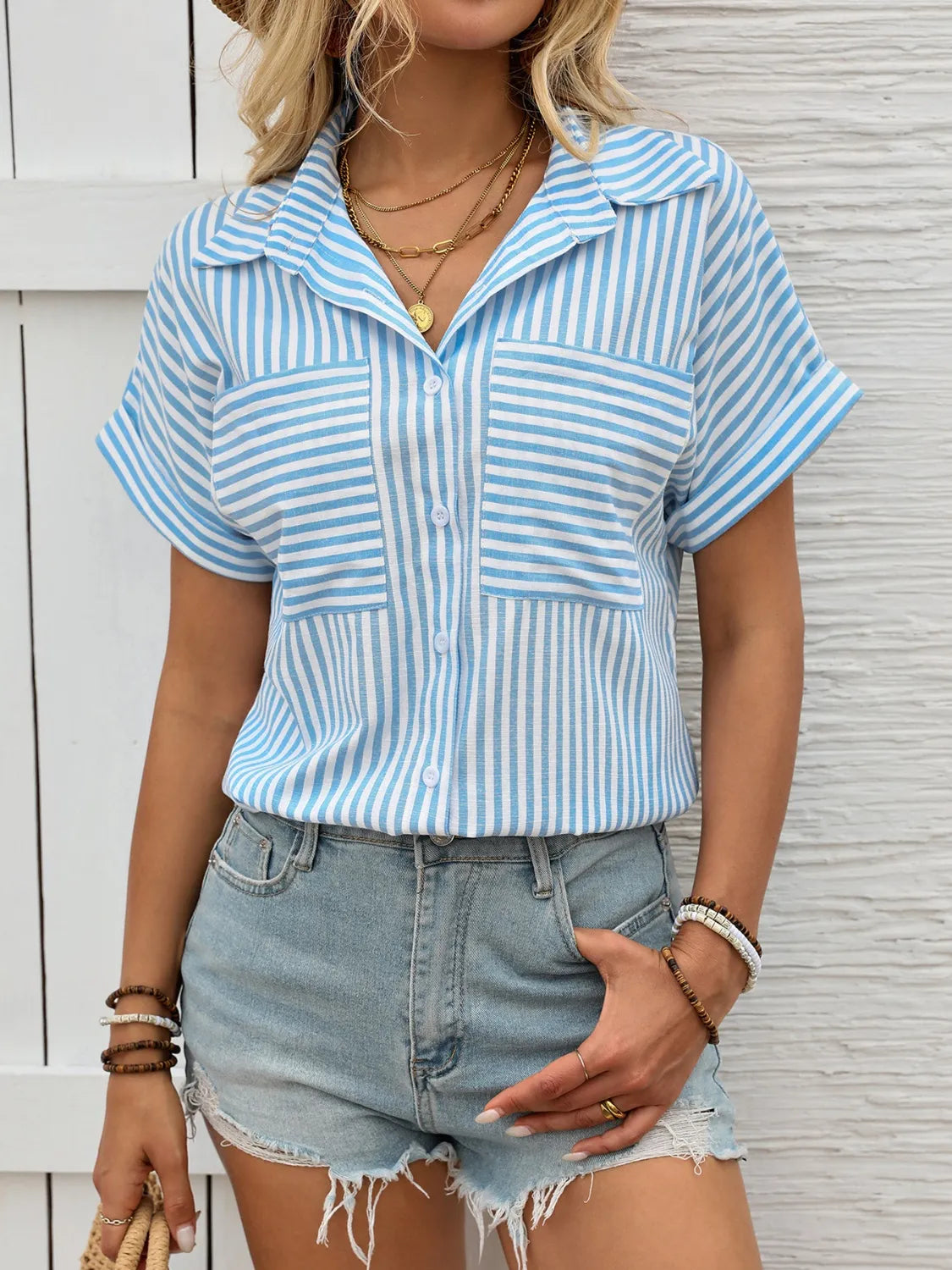 Striped Collared Neck Short Sleeve Shirt - Tigbul's Variety Fashion Shop