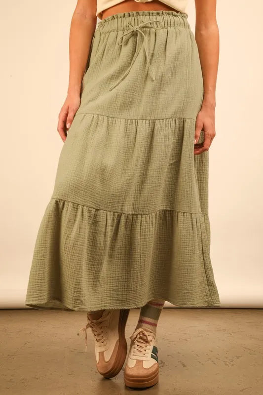 Green Elastic Waist Tiered Maxi Skirt - Tigbul's Variety Fashion Shop