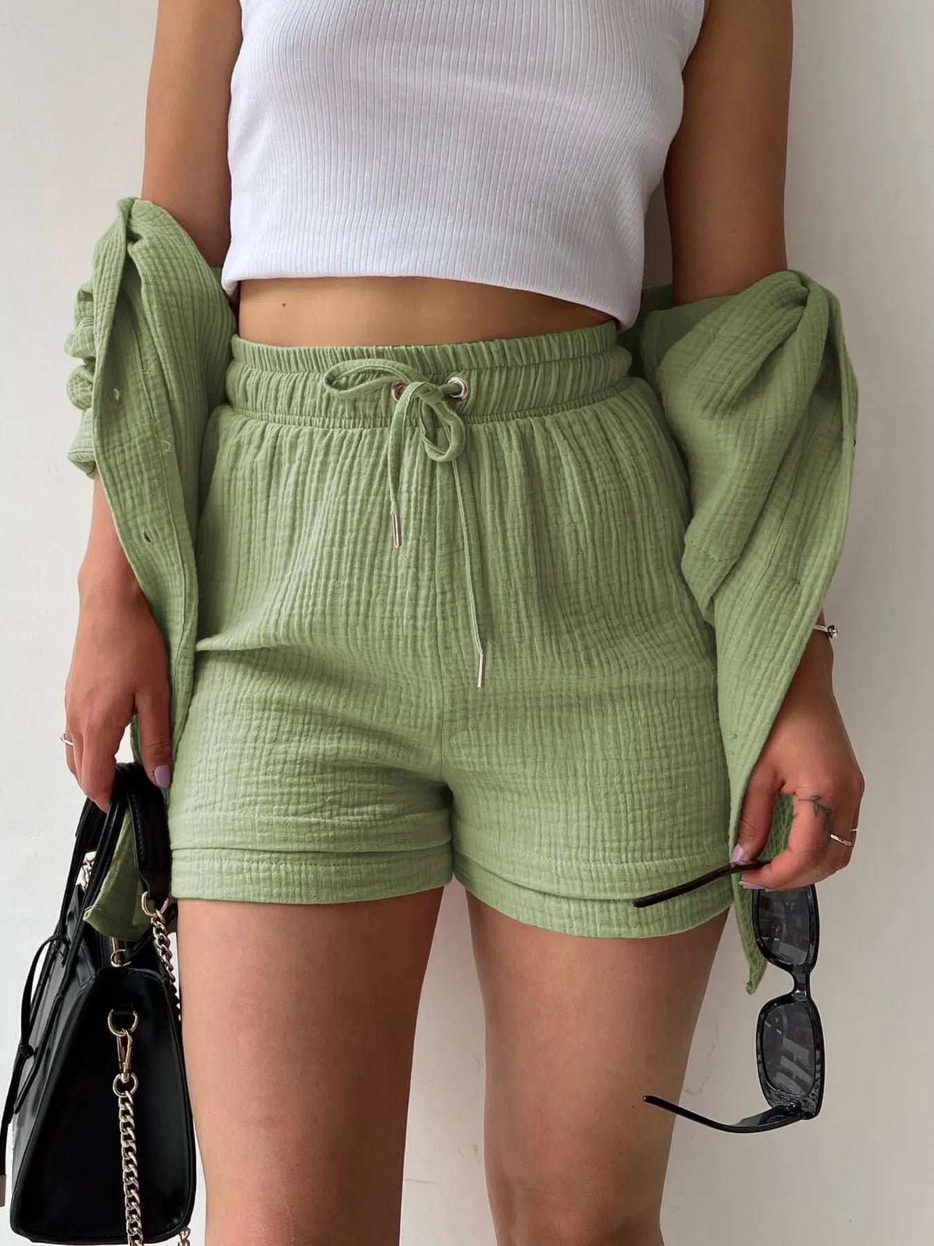 Textured Button Up Shirt and Shorts Set - Tigbul's Variety Fashion Shop