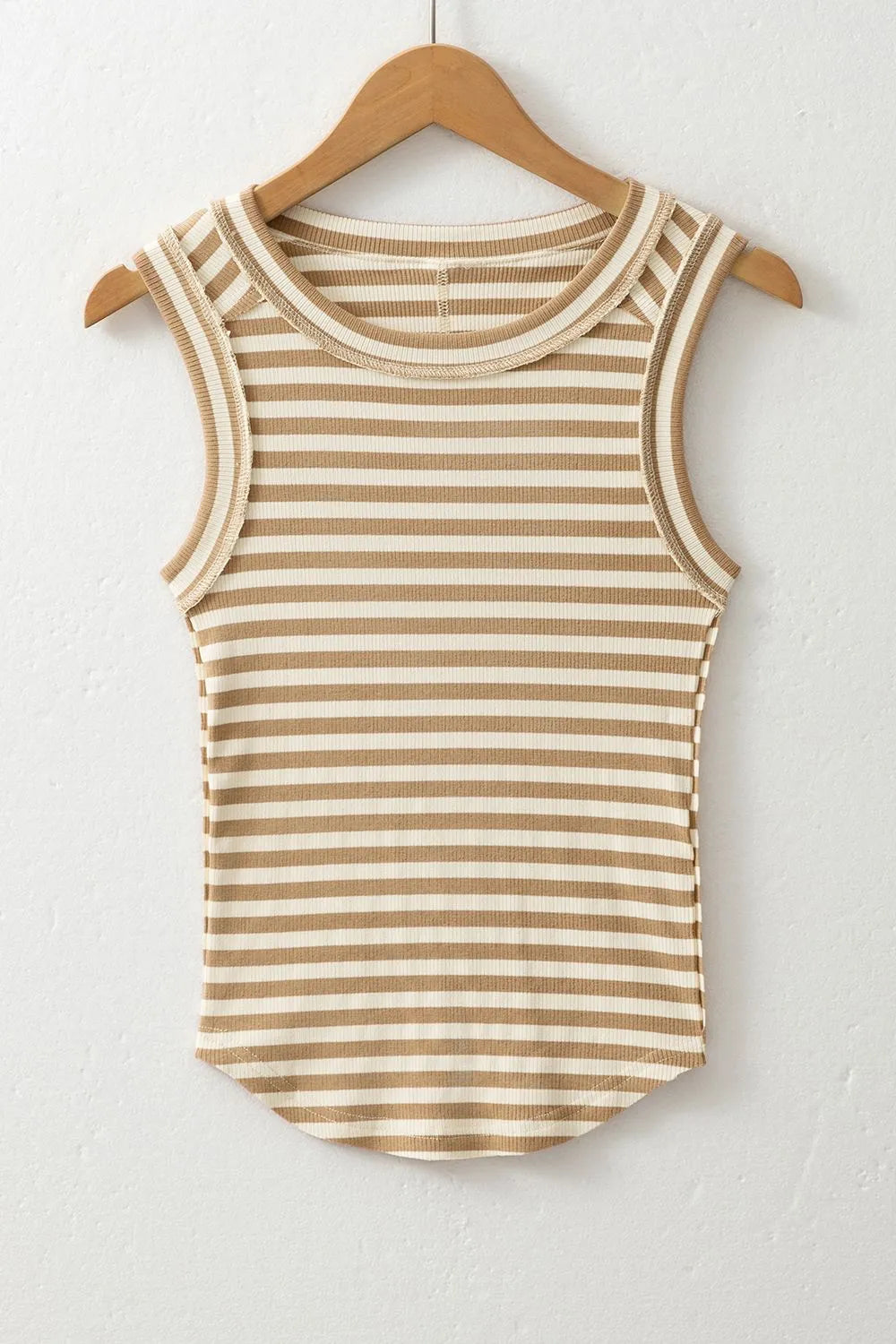 Stripe Exposed Seam Trim Round Neck Sleeveless Top - Tigbul's Variety Fashion Shop