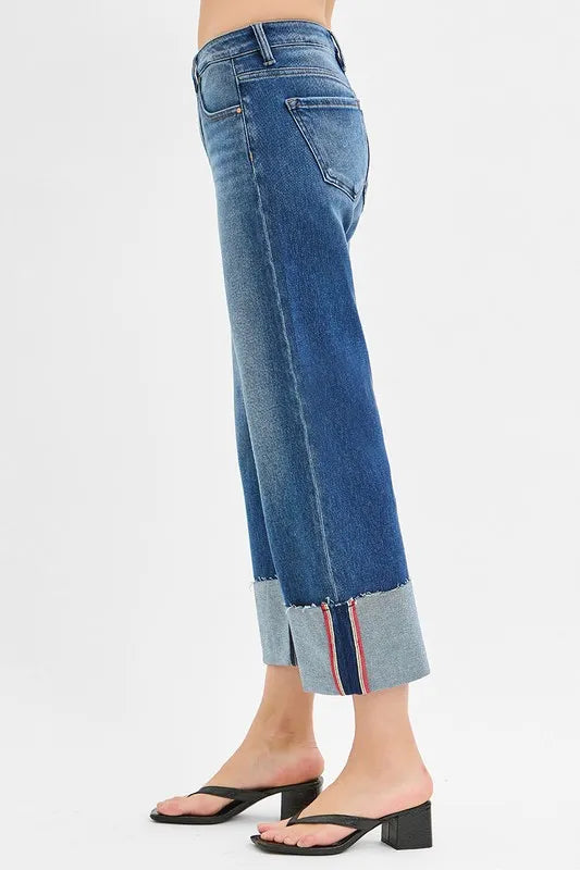 RISEN Tummy Control Mid Rise Crop Wide Cuffed Jeans - Tigbul's Variety Fashion Shop