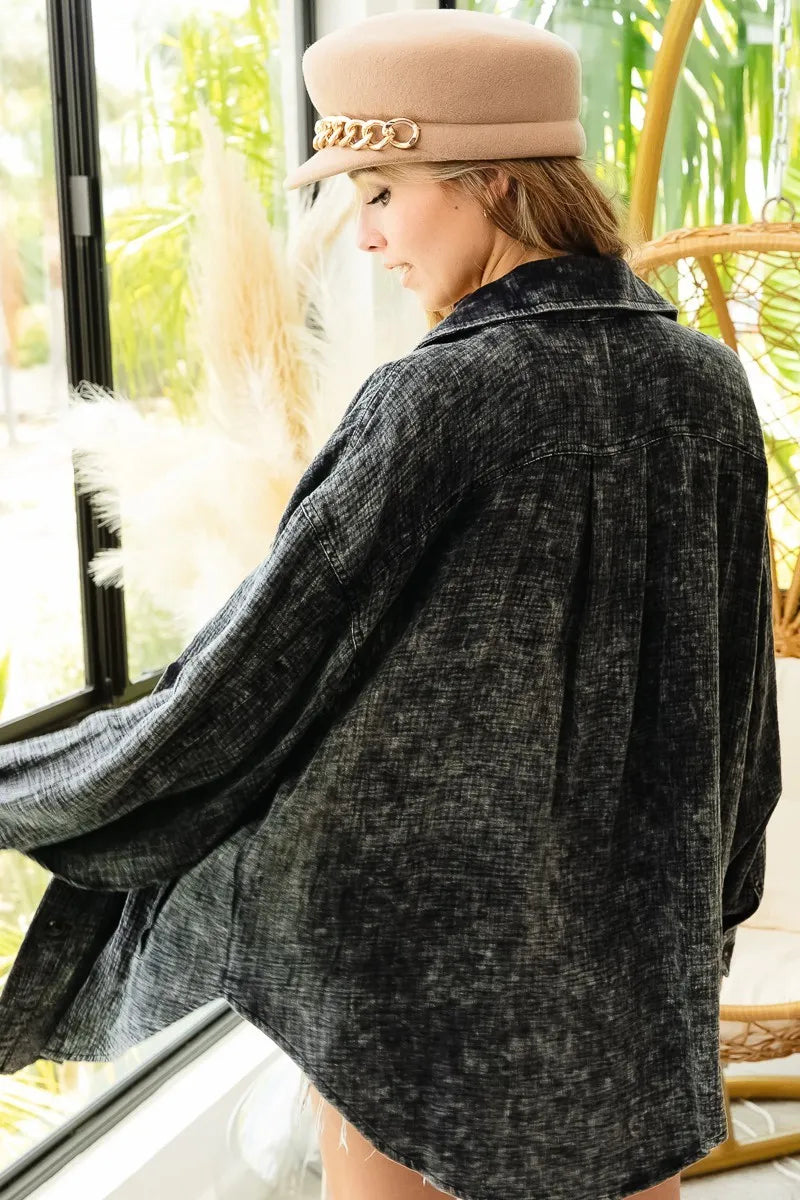 BiBi Vintage Washed Wrinkle Gauze Shacket - Tigbul's Variety Fashion Shop