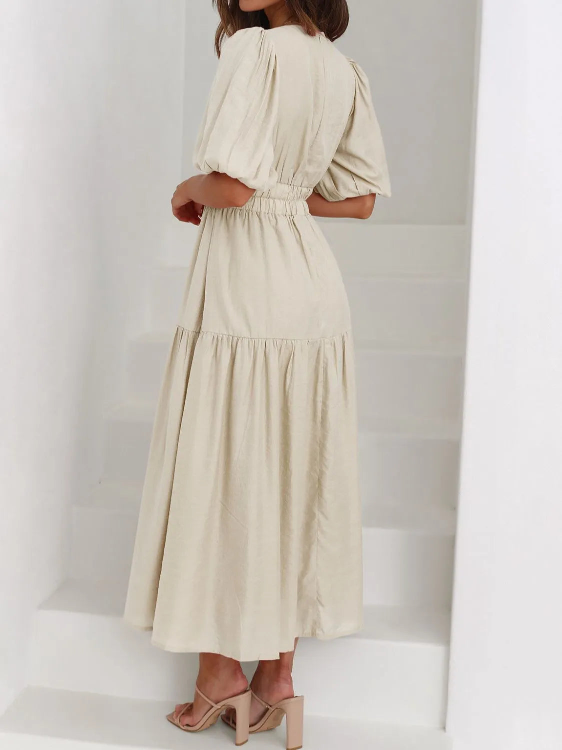V-Neck Puff Sleeve Midi Dress - Tigbul's Variety Fashion Shop