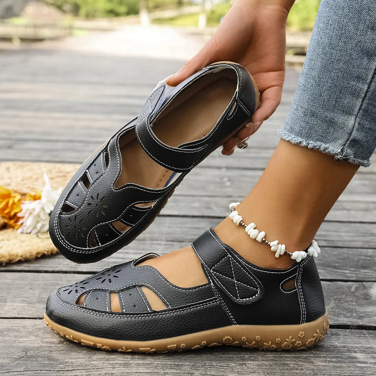 Cutout Velcro Straps Sandals - Tigbul's Variety Fashion Shop