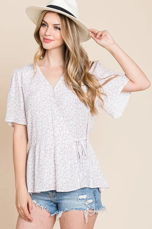 Ditsy Print V-Neck Short Sleeve Wrap Blouse - Tigbul's Variety Fashion Shop