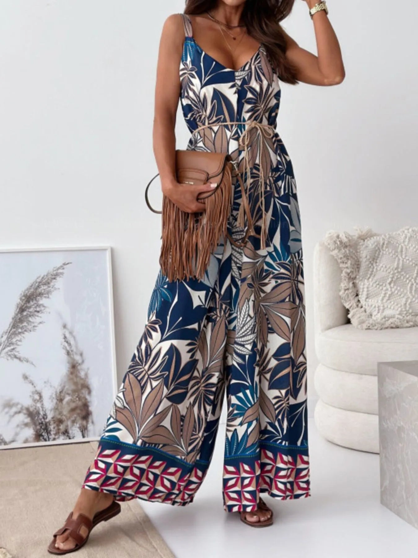 Paisley Print Spaghetti Strap Wide Leg Jumpsuit - Tigbul's Variety Fashion Shop