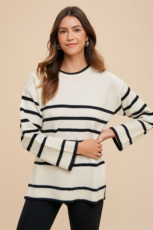 Ivory Side Slit Striped Round Neck Sweater - Tigbul's Variety Fashion Shop