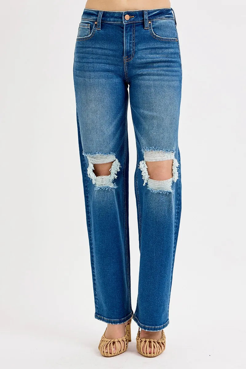 RISEN Full Size Mid Waist Fit Boyfriend Knee Distressed Jeans Plus Size - Tigbul's Variety Fashion Shop