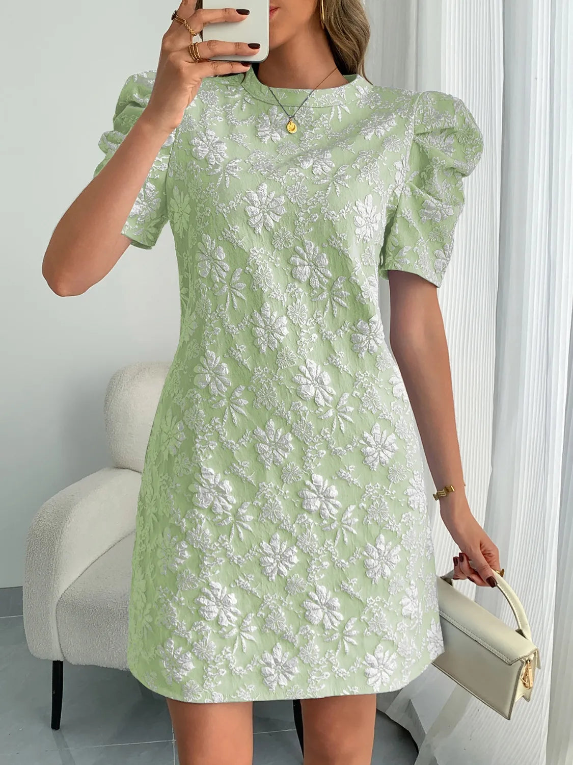 Round Neck Puff Short Sleeve Mini Dress - Tigbul's Variety Fashion Shop