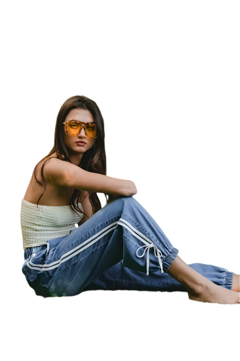 BiBi Striped Tape Details With Bot Tied Point Elastic Waist Jeans - Tigbul's Variety Fashion Shop