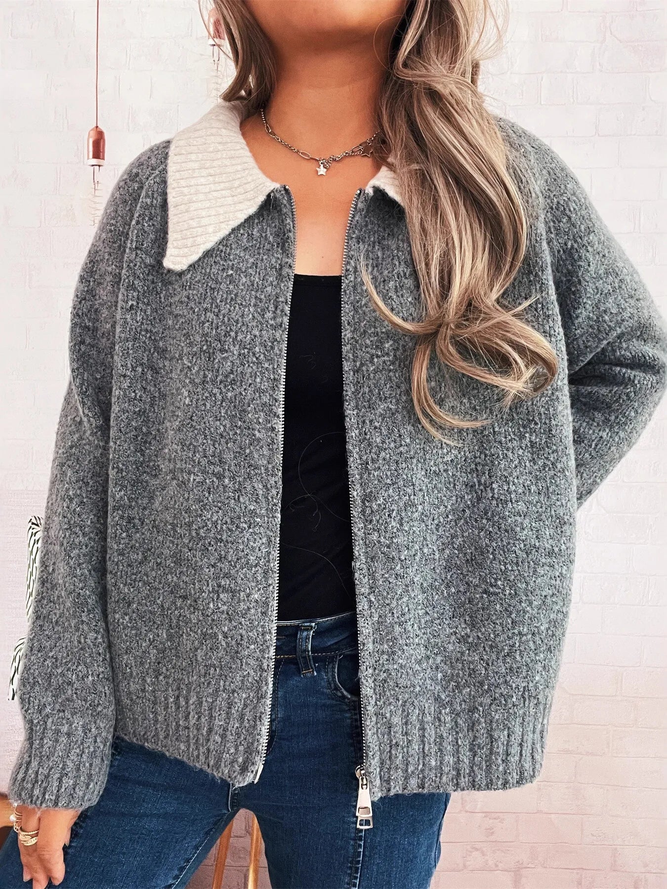 Contrast Collar Zip-Up Cardigan - Tigbul's Variety Fashion Shop
