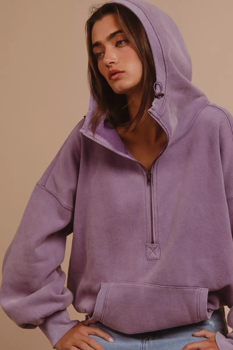 BiBi Stitch Detailed Elastic Hem Half Zip Fleece Hoodie - Tigbul's Variety Fashion Shop