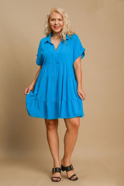 Blue Raw Hem Folded Sleeve Tiered Dress - Tigbul's Variety Fashion Shop