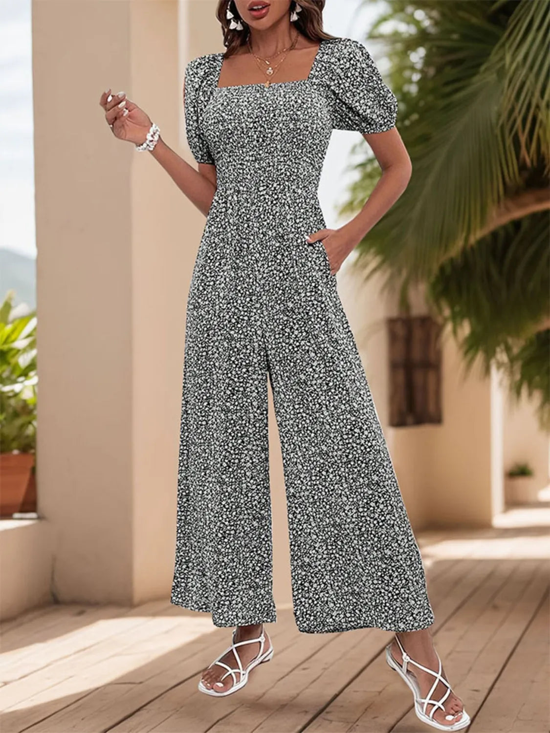 Printed Square Neck Puff Sleeve Jumpsuit - Tigbul's Variety Fashion Shop