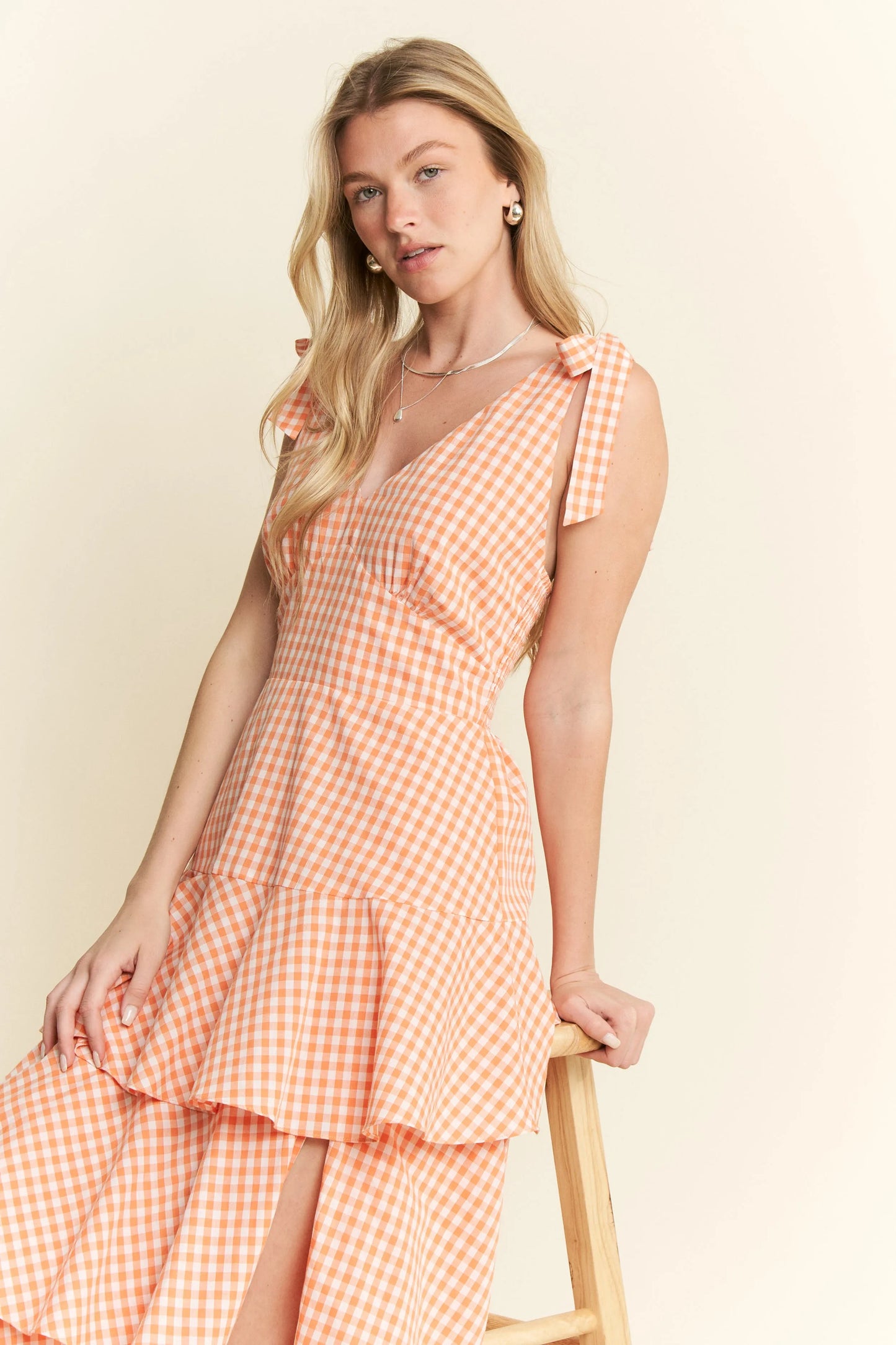 Orange Sleeveless Gingham Print Tiered Midi Dress - Tigbul's Variety Fashion Shop