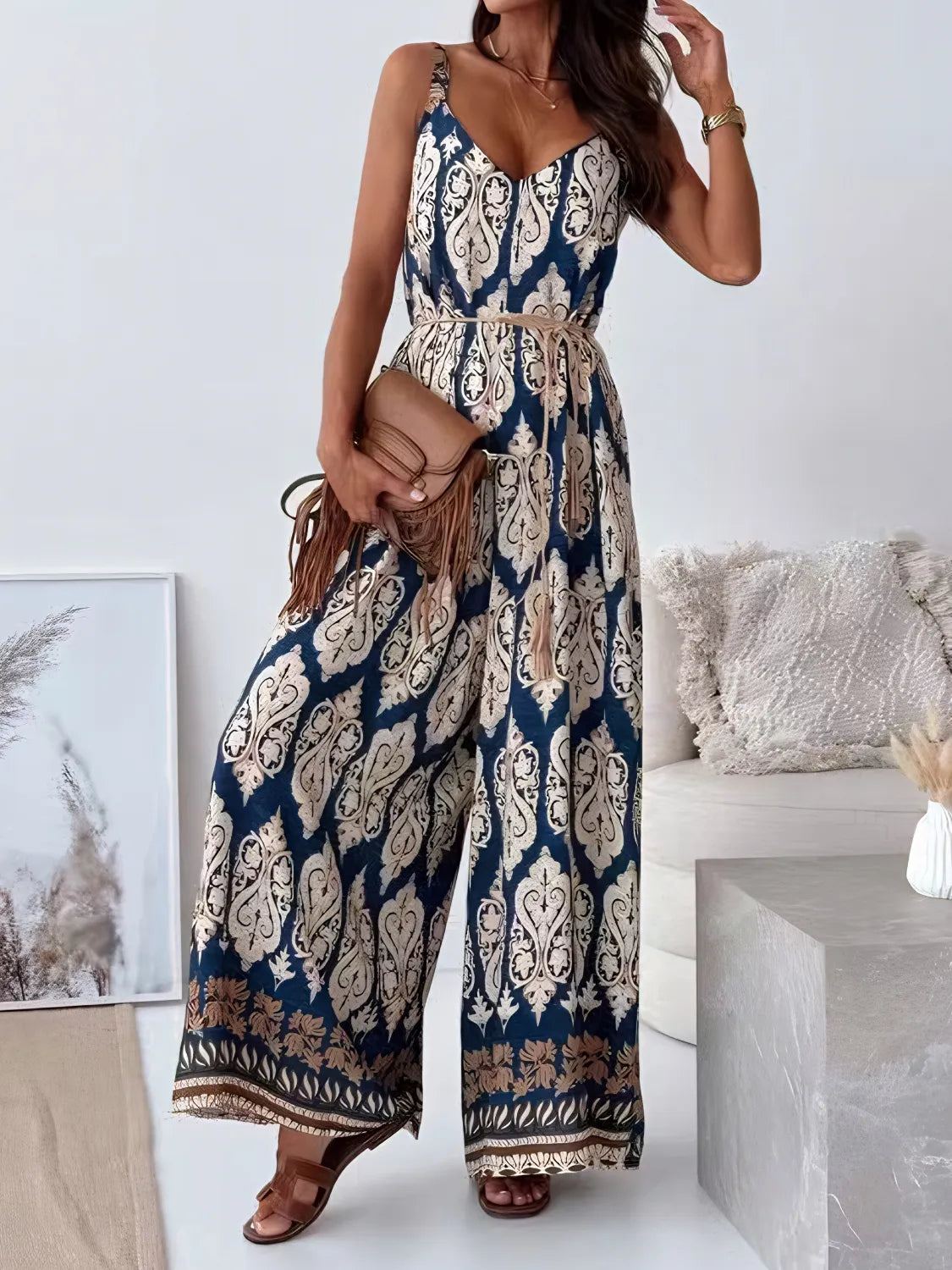 Printed V-Neck Wide Leg Jumpsuit - Tigbul's Variety Fashion Shop