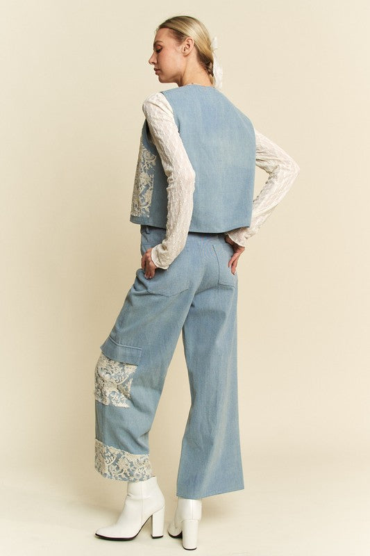 Light Blue Lace Patch Open Front Denim Vest - Tigbul's Variety Fashion Shop