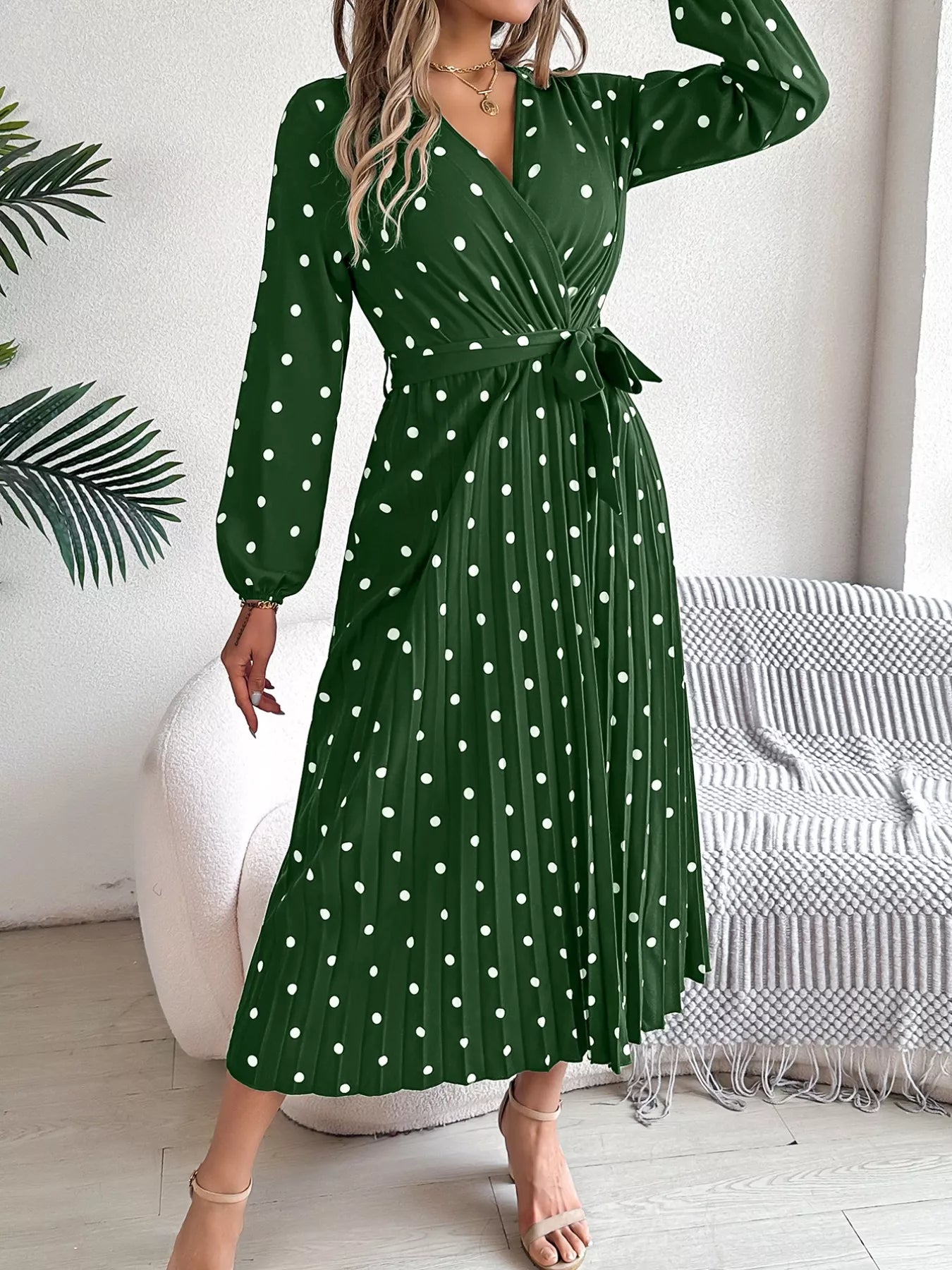 Front Tie Polka Dot Midi Pleated Dress - Tigbul's Variety Fashion Shop