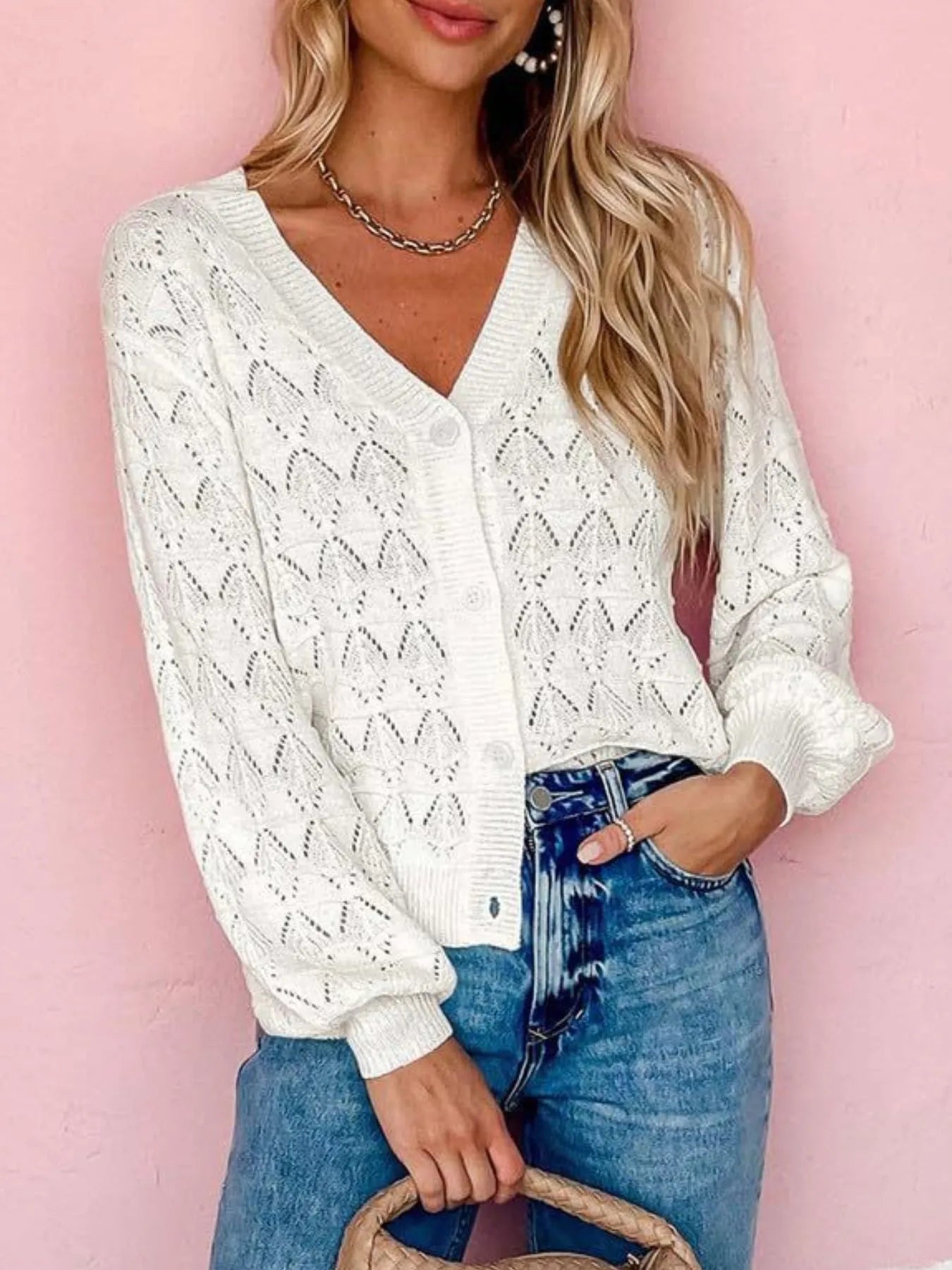Openwork Button Up Cardigan - Tigbul's Variety Fashion Shop