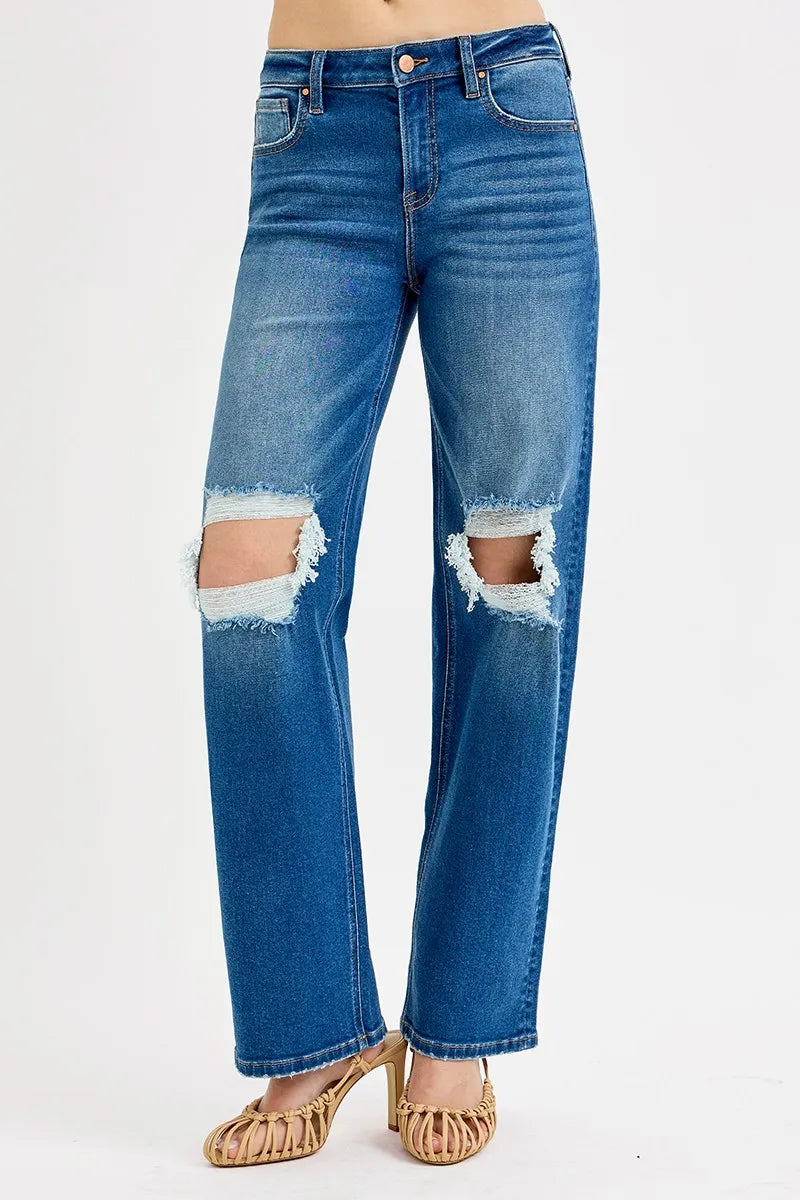 RISEN Full Size Mid Waist Fit Boyfriend Knee Distressed Jeans Plus Size - Tigbul's Variety Fashion Shop