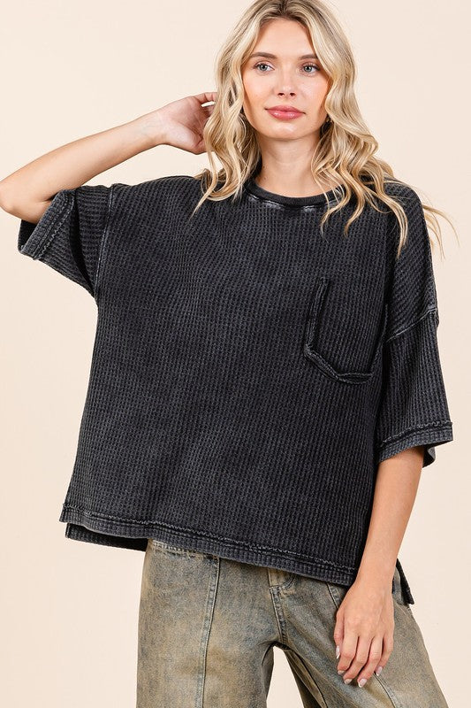 Ash Black Mineral Wash Waffle Knit Short Sleeve Top - Tigbul's Variety Fashion Shop