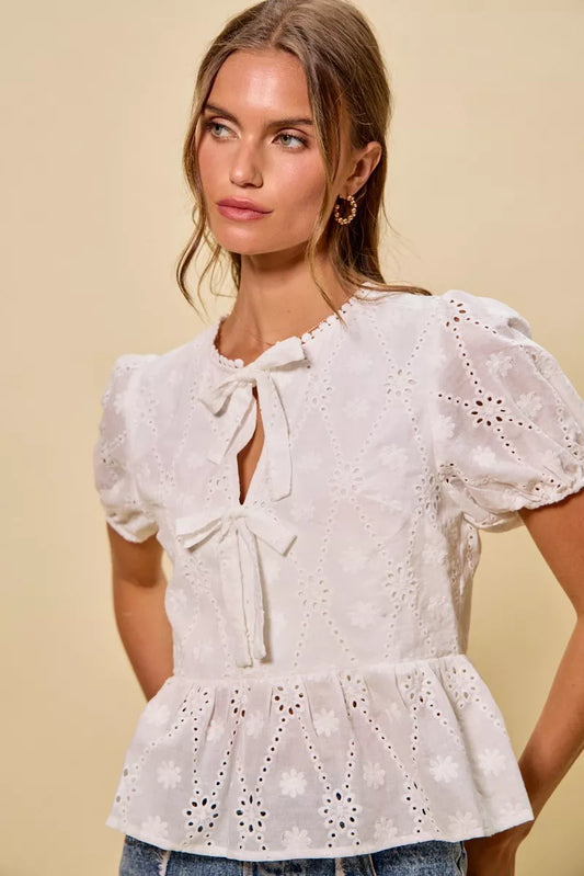 White Cotton Eyelet Front Tie Short Sleeve Blouse - Tigbul's Variety Fashion Shop